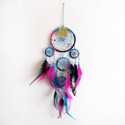 Colorful Dream Catcher, Pink Purple Feather Hanging, Boho Kids Room Decor, Blue Beaded Wall Accent - thumbnail 2