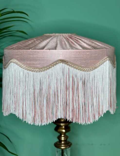 Handmade Pale Pink Silk Fringe Lampshade, Art Deco Style, 12 Inch - image 1