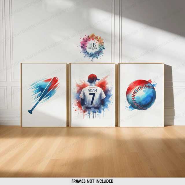 Personalized Boys Baseball Decor - Set Of 3 Prints - Custom Boy Bedroom Wall Art Kids Posters Blue & Red - image 1