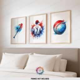 Personalized Boys Baseball Decor - Set Of 3 Prints - Custom Boy Bedroom Wall Art Kids Posters Blue & Red - thumbnail 2