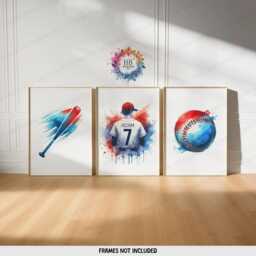 Personalized Boys Baseball Decor - Set Of 3 Prints - Custom Boy Bedroom Wall Art Kids Posters Blue & Red - thumbnail 1