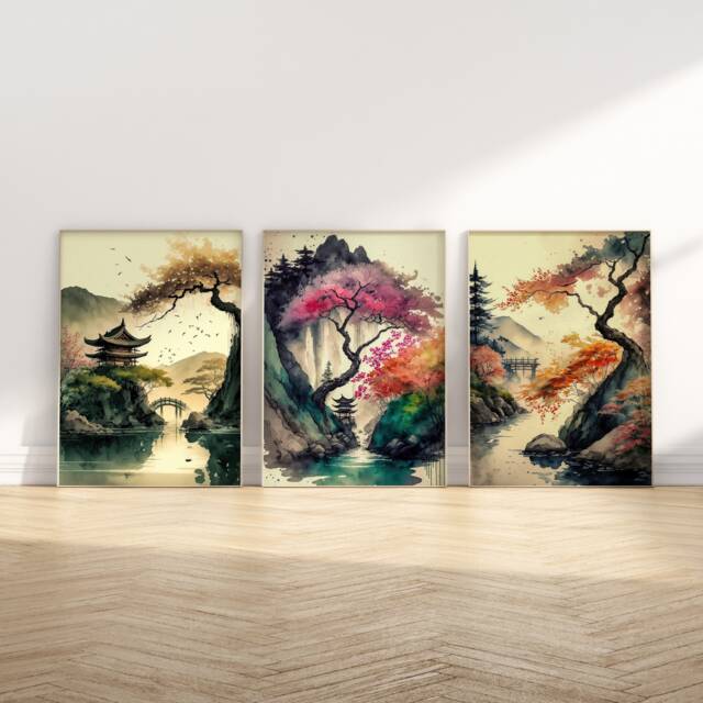 Japanese Pagoda Watercolor Print Set Sakura Cherry Blossom Art - image 1