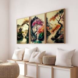 Japanese Pagoda Watercolor Print Set Sakura Cherry Blossom Art - thumbnail 2