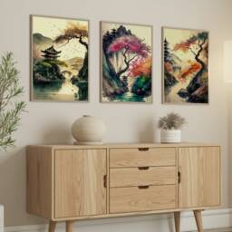Japanese Pagoda Watercolor Print Set Sakura Cherry Blossom Art - thumbnail 3