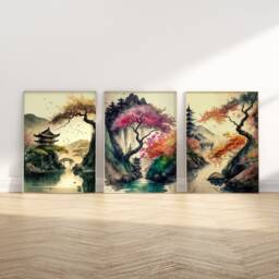 Japanese Pagoda Watercolor Print Set Sakura Cherry Blossom Art - thumbnail 1