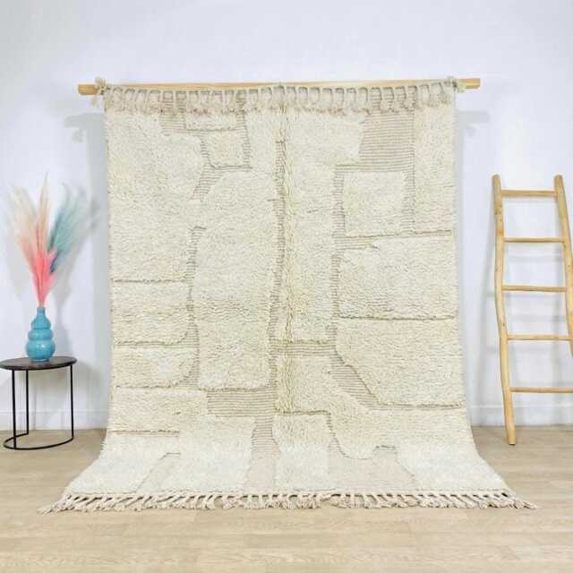 Off-White Minimalist Abstract Block Moroccan Rug - Handmade Solid Berber Shag Carpet Large Area Cream Tone-On-Tone Wool Decor - image 1