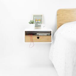 White Floating Nightstand Bedside Table Drawer in Oak Mid Century Modern - thumbnail 3