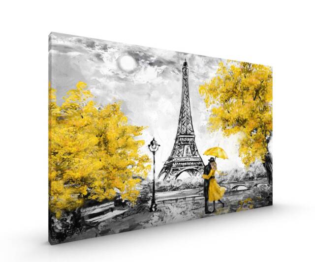 Yellow Umbrella Paris Eiffel Tower Canvas Framed Glossy Premium With Metal Hanger Various Sizes - image 1