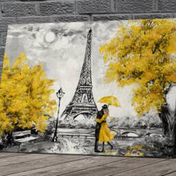 Yellow Umbrella Paris Eiffel Tower Canvas Framed Glossy Premium With Metal Hanger Various Sizes - thumbnail 2