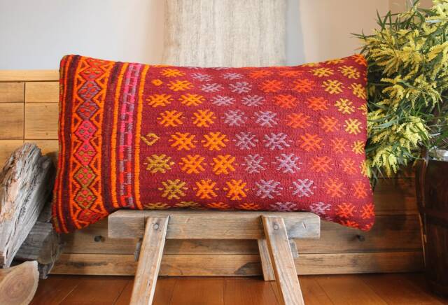 4070cm - 1628In Oversized Rectangle Vintage Kilim Pillow Cover - Handwoven Deep Wine Red With Blossoms Brocaded - image 1