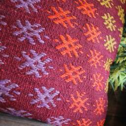 4070cm - 1628In Oversized Rectangle Vintage Kilim Pillow Cover - Handwoven Deep Wine Red With Blossoms Brocaded - thumbnail 3
