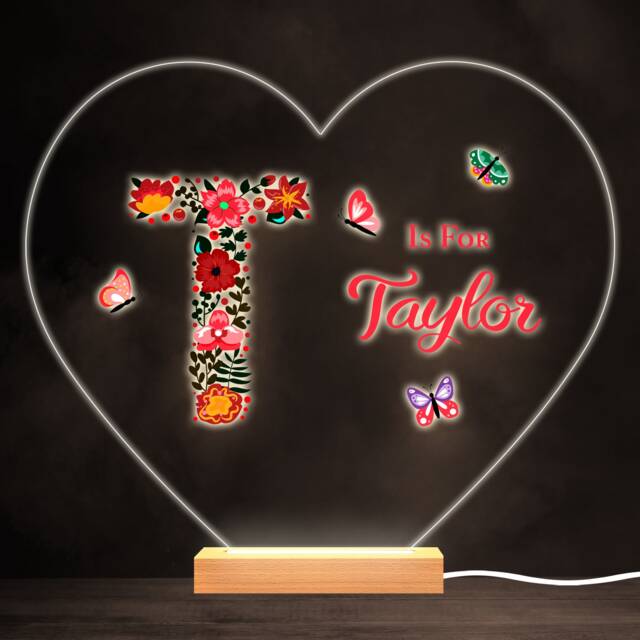 Floral Alphabet Butterflies Letter T Heart Personalised Gift Lamp Night Light - Bedroom - image 1