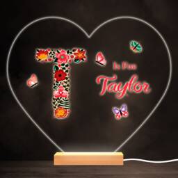 Floral Alphabet Butterflies Letter T Heart Personalised Gift Lamp Night Light - Bedroom - thumbnail 1