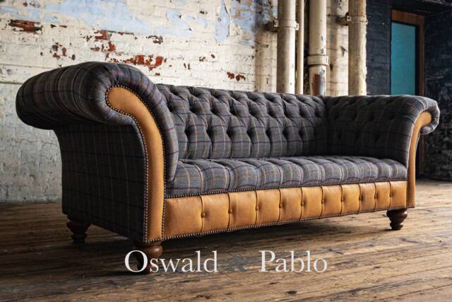 3 Seater Tan Brown Tweed Fabric Chesterfield Sofa Settee - Vintage Leather British Handmade Furniture - image 1