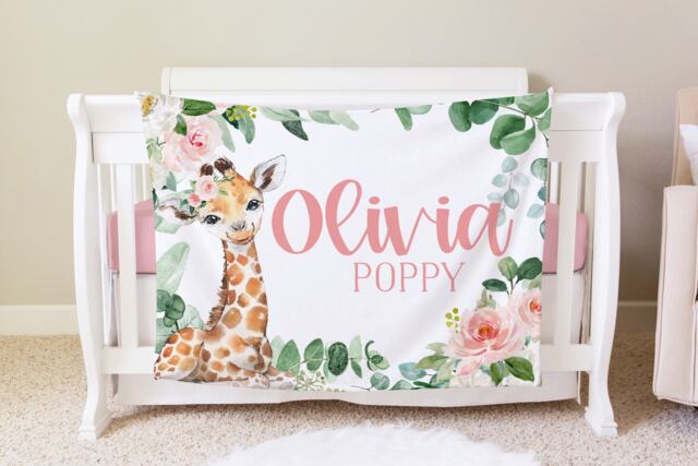 Giraffe Personalized Baby Name Blanket Floral Gift Custom Coming Home Hospital Shower New Mom - image 1