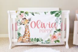 Giraffe Personalized Baby Name Blanket Floral Gift Custom Coming Home Hospital Shower New Mom - thumbnail 1