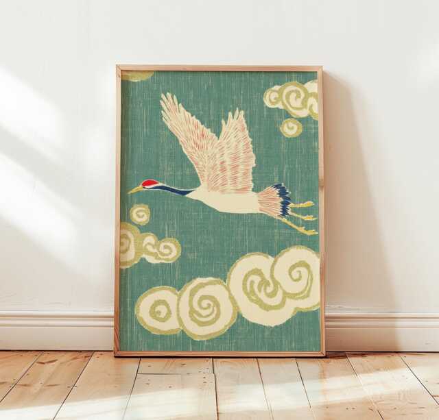 Flying Crane Poster, Asian Bird Print, Cloud Pattern Wall Art - image 1