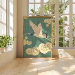 Flying Crane Poster, Asian Bird Print, Cloud Pattern Wall Art - thumbnail 4