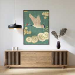 Flying Crane Poster, Asian Bird Print, Cloud Pattern Wall Art - thumbnail 3