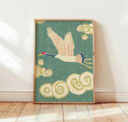 Flying Crane Poster, Asian Bird Print, Cloud Pattern Wall Art - thumbnail 1