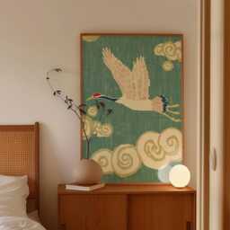 Flying Crane Poster, Asian Bird Print, Cloud Pattern Wall Art - thumbnail 2