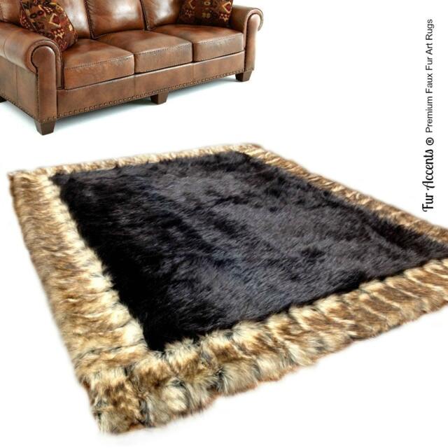 Desiger Fau Fur Area Rug - Rectangle Soft Thick Brown Cener With Ribbed Fox Border Accents Designer Rugs & Throws Usa - image 1