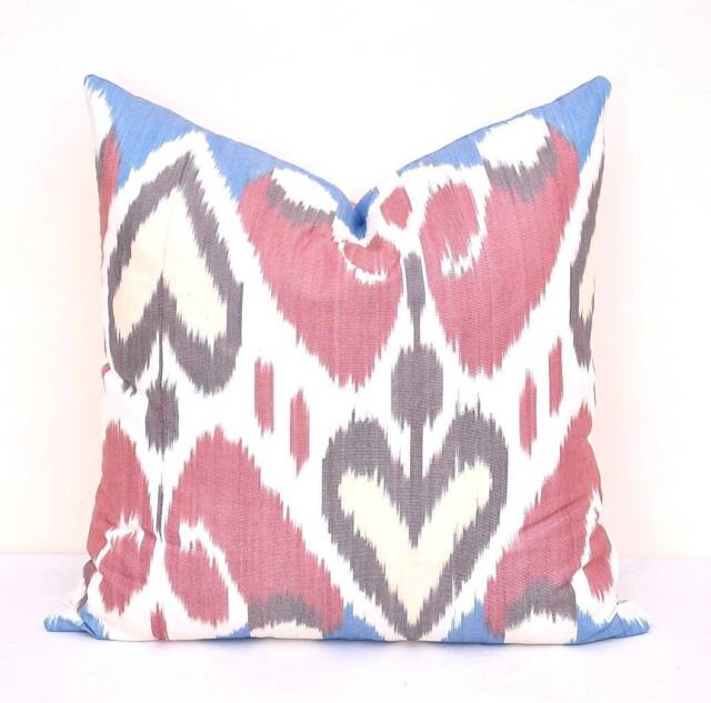 Handmade Uzbek Ikat Pillow Cover, Pink & Blue Cotton, 20x20 - image 1