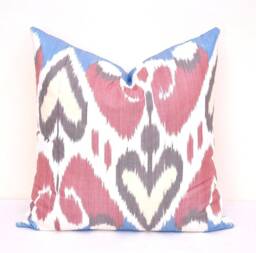 Handmade Uzbek Ikat Pillow Cover, Pink & Blue Cotton, 20x20 - thumbnail 1