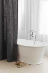 Charcoal Gray Waterproof Linen Shower Curtain - Panel With Liner Dark Minimalist Bathroom Decor Stonewashed Flax For Modern Look - thumbnail 1