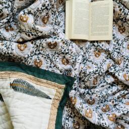 Hand Block Printed Cotton Quilt Reversible Floral Razai Blanket - thumbnail 3