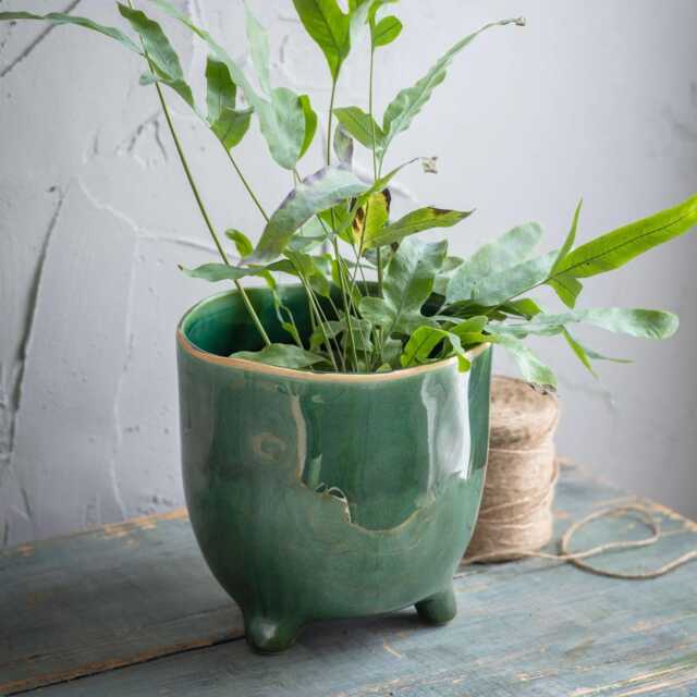 Forest Green Positano Plant Pot - Ceramic Crackle Glaze Planter With Feet Home Decor Stoneware Cover Various Sizes - image 1