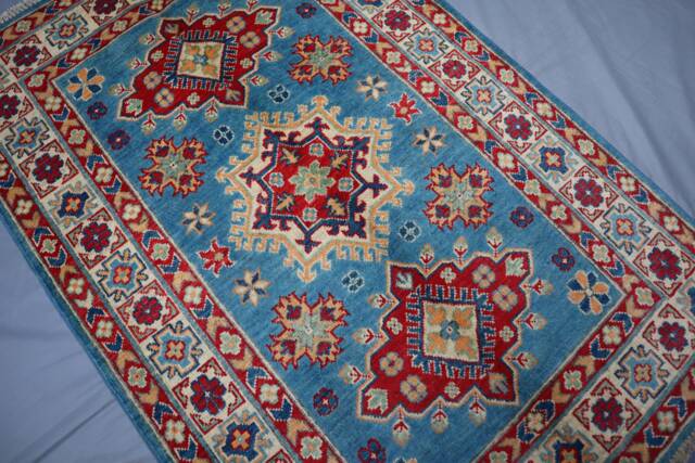 3x5 Blue Kazak Area Rug - Tribal Afghan Hand Knotted Wool Geometric Bedroom Kitchen Oriental Caucasian Design - image 1