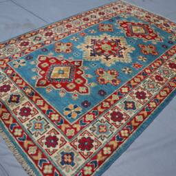 3x5 Blue Kazak Area Rug - Tribal Afghan Hand Knotted Wool Geometric Bedroom Kitchen Oriental Caucasian Design - thumbnail 3