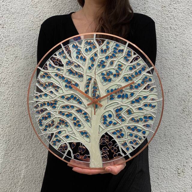 Glow in Dark Tree Clock in White, Blue & Copper Large Glass Wall Art - image 1