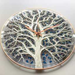Glow in Dark Tree Clock in White, Blue & Copper Large Glass Wall Art - thumbnail 2