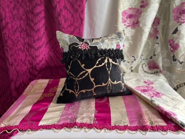 "Osborne & Little Quilted Pillow Bohemian Pink Embroidered Silk, Velvet Beaded Trim - 20""x 20" - image 1