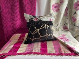 "Osborne & Little Quilted Pillow Bohemian Pink Embroidered Silk, Velvet Beaded Trim - 20""x 20"