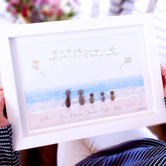 Personalised Seaside Pebble Picture - Framed Art Mother's Day Birthday Gift Family By The Sea - image 1