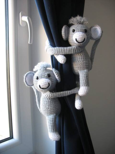Silver Grey Monkeys Nursery Curtain Ties, Safari Decoration, Baby Shower Gift Idea, Newborn Gift, Jungle - image 1