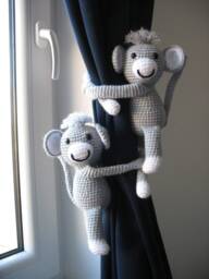 Silver Grey Monkeys Nursery Curtain Ties, Safari Decoration, Baby Shower Gift Idea, Newborn Gift, Jungle - thumbnail 1