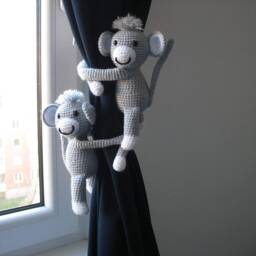 Silver Grey Monkeys Nursery Curtain Ties, Safari Decoration, Baby Shower Gift Idea, Newborn Gift, Jungle - thumbnail 2