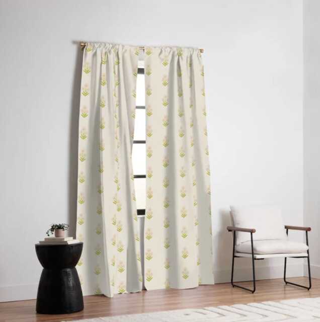 Blackout Window Curtains, Boho Floral Block Print, Green Pink Cream, One Piece Panel, Nursery Curtain, Treatment, Baby Girl - image 1