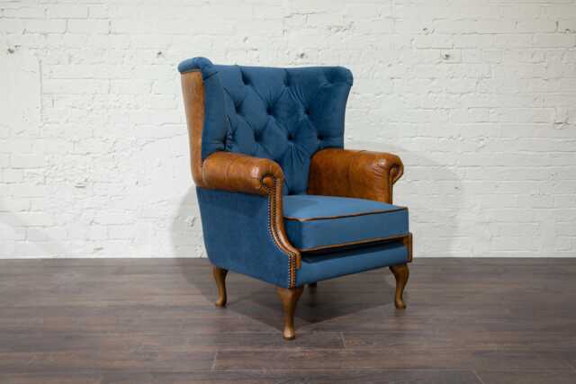 British Handmade Ocean Blue Velvet With Vintage Tan Leather High Round Back Wing Chair - image 1