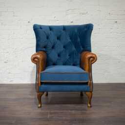 British Handmade Ocean Blue Velvet With Vintage Tan Leather High Round Back Wing Chair - thumbnail 2