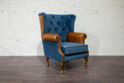 British Handmade Ocean Blue Velvet With Vintage Tan Leather High Round Back Wing Chair - thumbnail 1