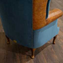 British Handmade Ocean Blue Velvet With Vintage Tan Leather High Round Back Wing Chair - thumbnail 4