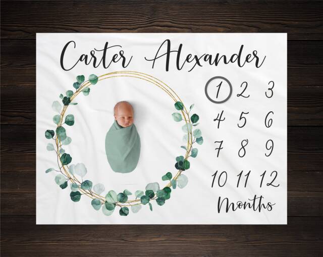 Eucalyptus Greenery Milestone Blanket, Personalized Baby Custom Shower Gift, New Boy Growth Tracker - image 1