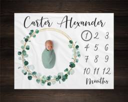 Eucalyptus Greenery Milestone Blanket, Personalized Baby Custom Shower Gift, New Boy Growth Tracker - thumbnail 1