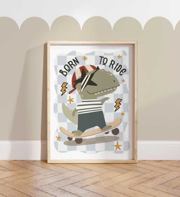 Cool Dinosaur On Skateboard Print, Boy Dino Nursery Bedroom Playroom Decor, Cool Animals Poster - image 1