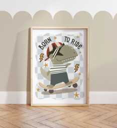 Cool Dinosaur On Skateboard Print, Boy Dino Nursery Bedroom Playroom Decor, Cool Animals Poster - thumbnail 1